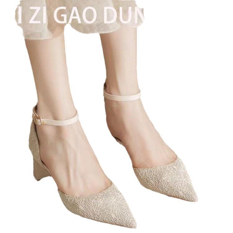 Pointed high heels women's thick heels hollow bag head one-word belt single shoes women's comfortable versatile sandals women