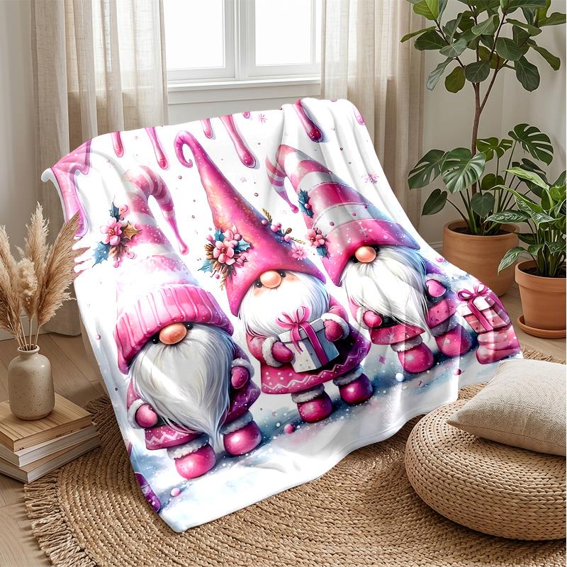 Festive Pink Gnomes with Gifts Theme blanket Lightweight Warm Flannel Blanket Decorative Throw Blanket for Home Decoration