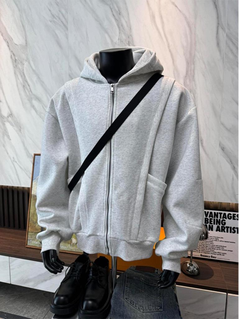 Men's 400g Heavy Gray Deconstructed Zip-Up Hoodie