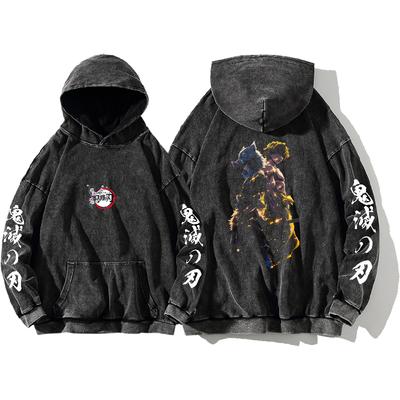 Hot Anime Demon Slayer Zenitsu Inosuke Print Hooded Men Women Cotton Hoodies Retro Washed Sweatshirt Harajuku Casual Streetwear