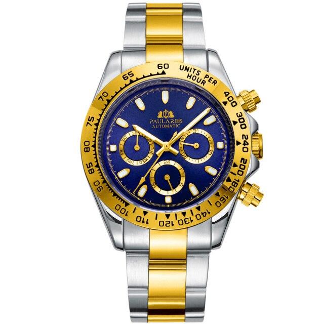 Paulareis Automatic Watches Self Wind Mechanical Gold Stainless Steel Glacier Ice Blue Dial Chestnut Brown Bezel Luminous Men Watch RL01