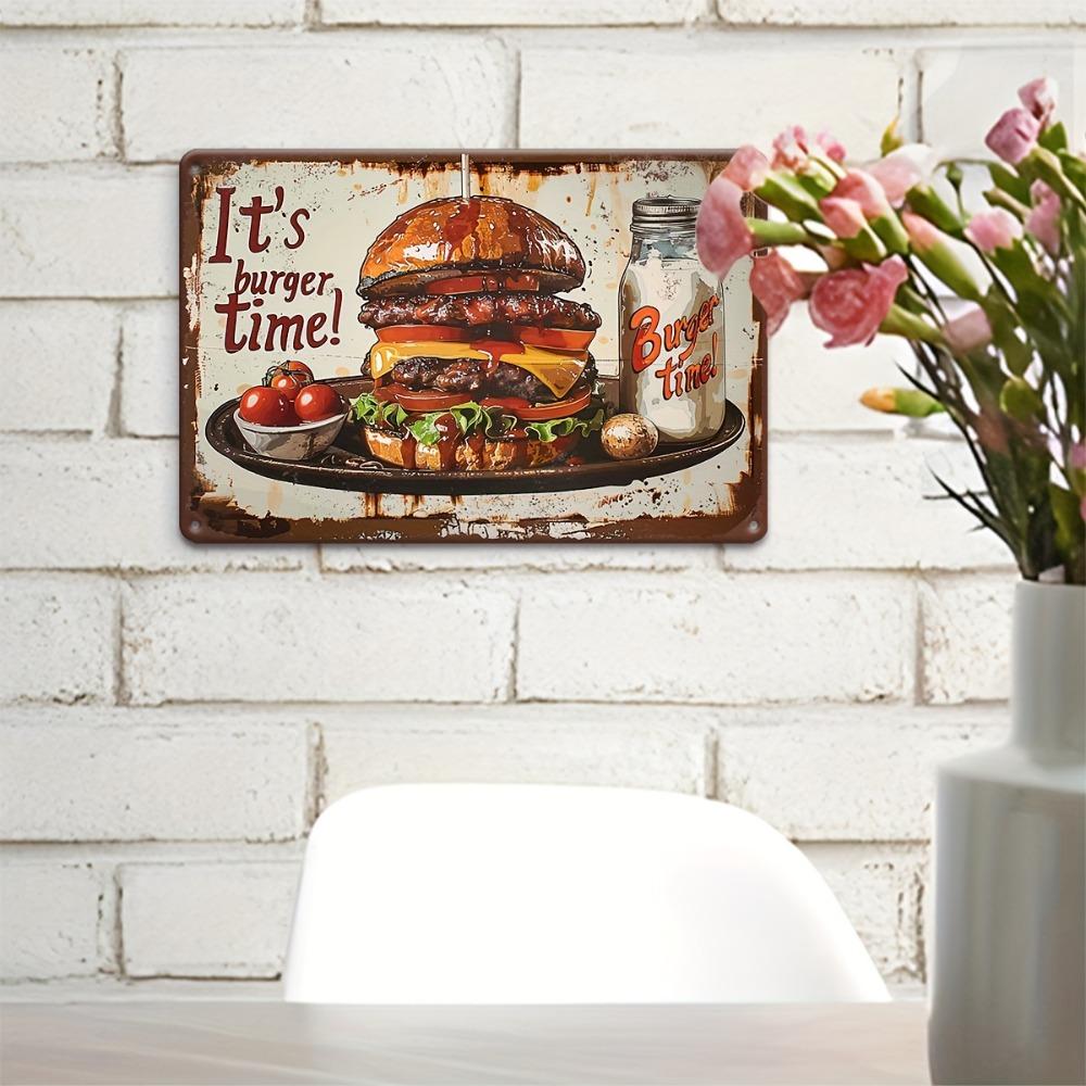 "It's Burger Time!" Vintage Metal Tin Sign | 12"x8" Rustic Iron Decor | 2D Flat Wall Art for Home Bar, Kitchen, Cafe