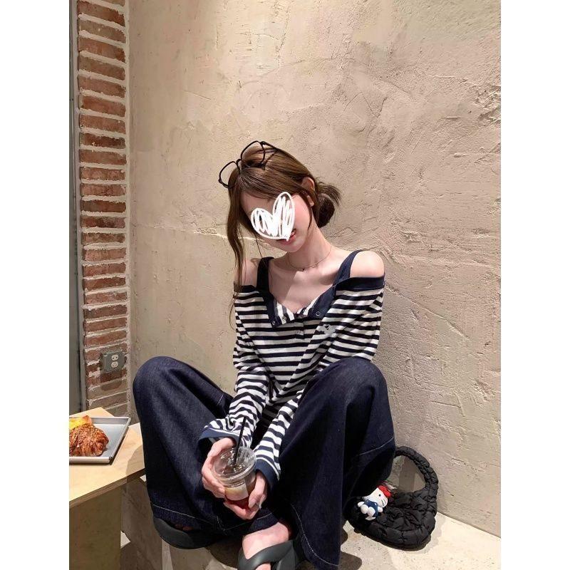 Spring 2025 Korean Style Striped T Shirt With Embroidered Details For Casual Wear