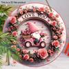 Love You Pink Gnome Rose Wreath Round Wooden Hanging Sign, 2D Flat Printed Valentine Wall Door Ornament, Romantic Home Decor Gift