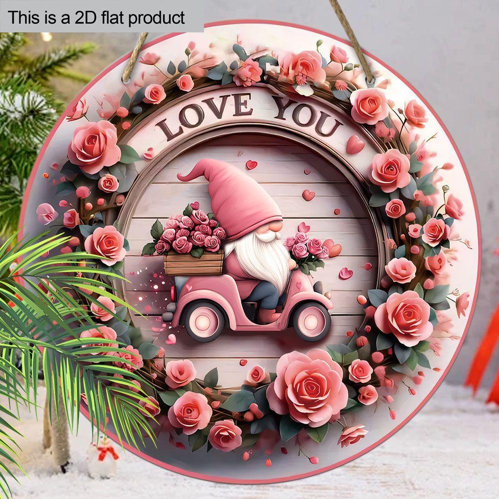 Love You Pink Gnome Rose Wreath Round Wooden Hanging Sign, 2D Flat Printed Valentine Wall Door Ornament, Romantic Home Decor Gift