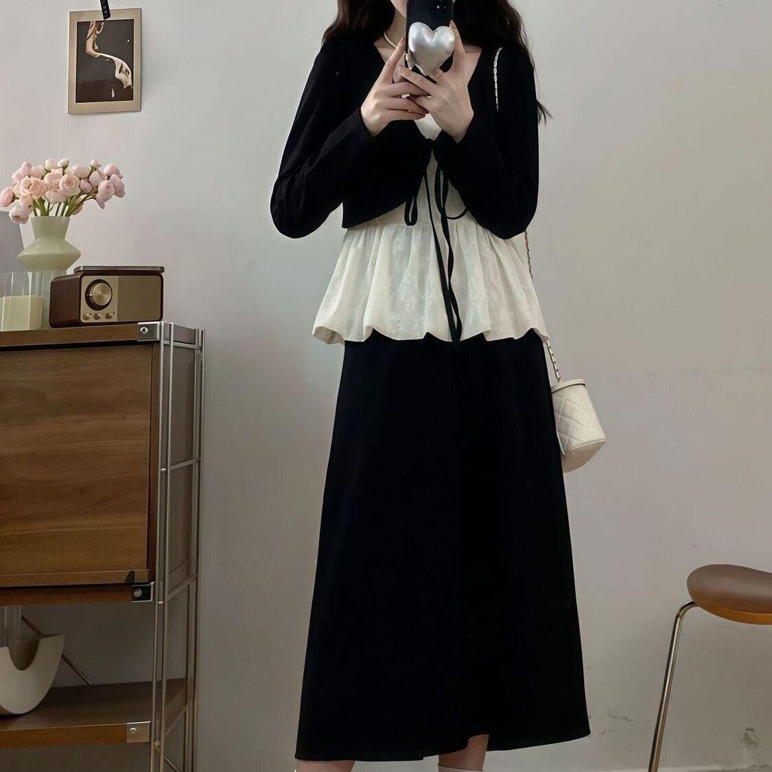 

2026 Spring/Autumn Women s Lace Patchwork Tie-up Top & High-Waisted Skirt Set in Gentle Style. 3XL