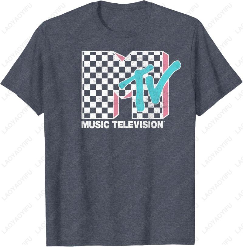 MTV Neon Distressed Checkered Logo Graphic Creative Adult Cotton Shirt MUSIC Television Retro Mens 1980s 1990S Cool Trend Tops