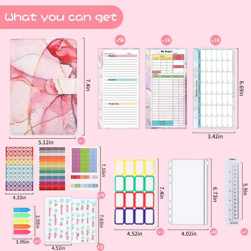 A6 Purple Marble with Calculator Money Budget Planner Binder Zipper EnvelopesCash Envelopes For Budgeting Money Organizer Binde