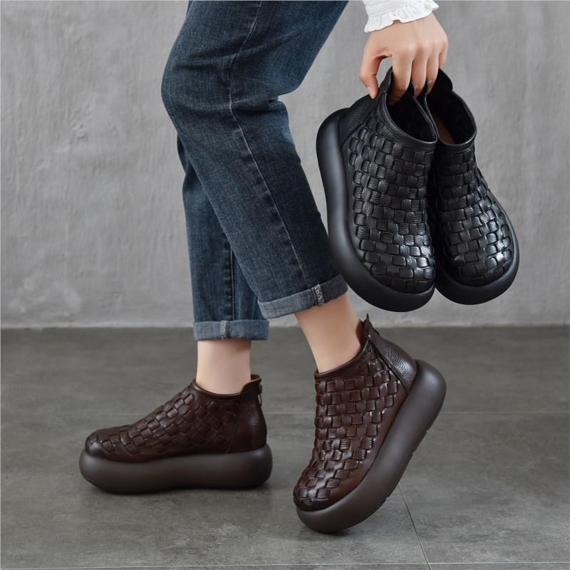 Johnature Retro Handmade Woven Genuine Leather Ankle Boots Women's Platform Shoes