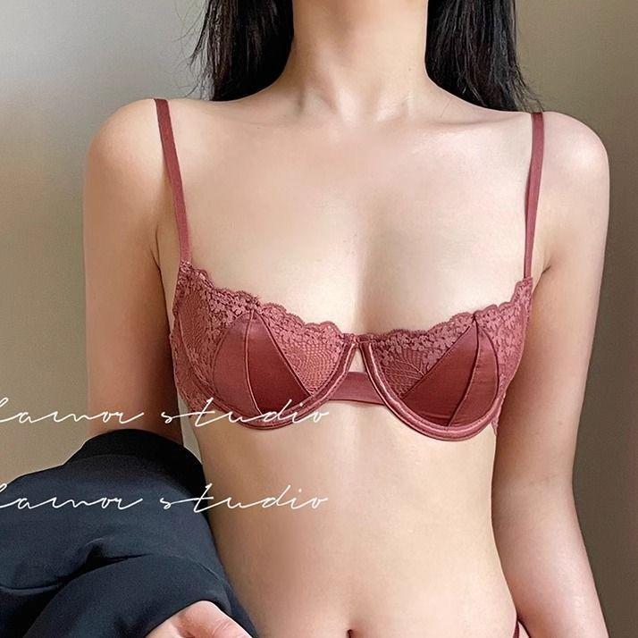 French Coquette Lace Soft Underwire Bra Set, Half Cup Push Up Back Beauty Small Bust Women Lingerie Set