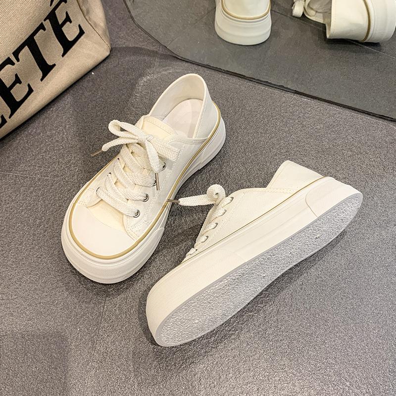 Milk Huhu Mango Big Wide Head Platform Sole Canvas Shoes Women's 2025 Little White Shoes Ins Korean Version Stepping Heel Two Wear Board Shoes