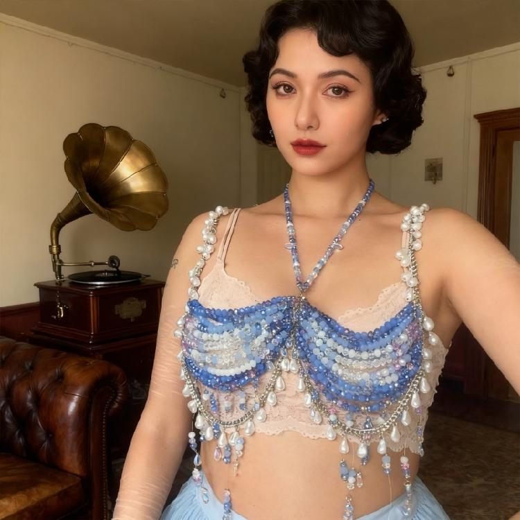 Women's Gradients Body Chain Jewelry Bra Colorful Beaded Tassels Halter Neck Crop Top For Dancing and Festivals Wear