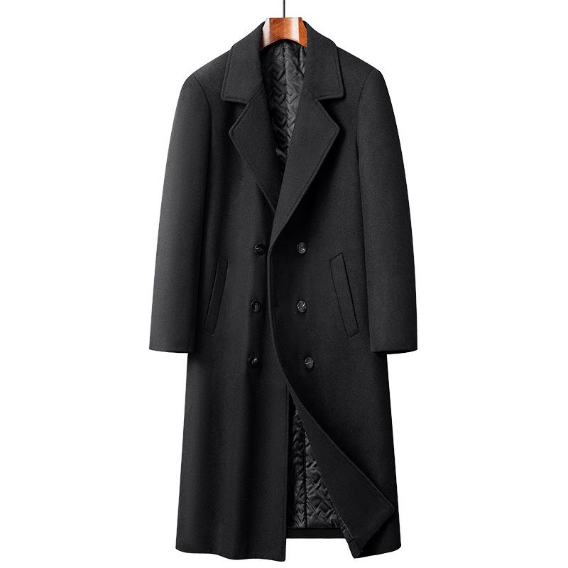 Men Double Breasted Woolen Coat Long Over Knee Notched Lapel Thick Padded Liner Trench Coat Business Casual Winter Warm Solid Color Outerwear