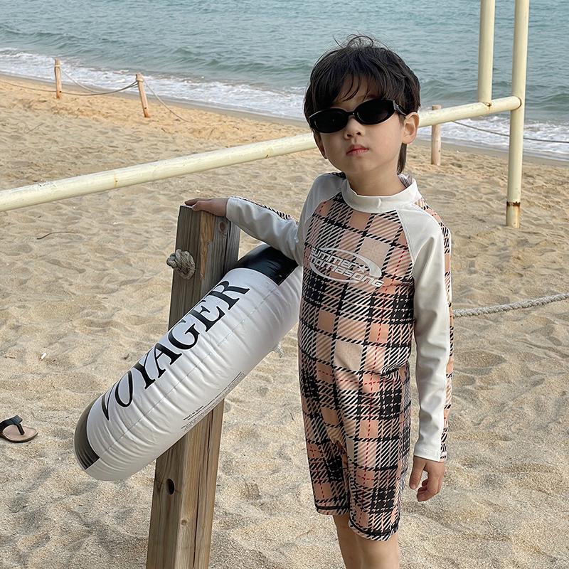 

Children s Quick-Dry Korean Plaid Long-Sleeve Swimsuit for Toddler Boys 90cm кофейный