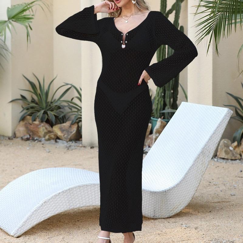 Women's Summer Solid Color Sexy Hollow Beach Bikini Swimsuit Smock Long Dress