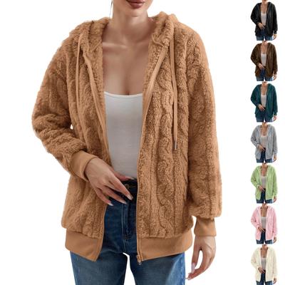 Damenmode Langarm Einfarbig Tasche Plüsch Strickjacke Mit Kapuze Reißverschluss Sweatshirt Jacke