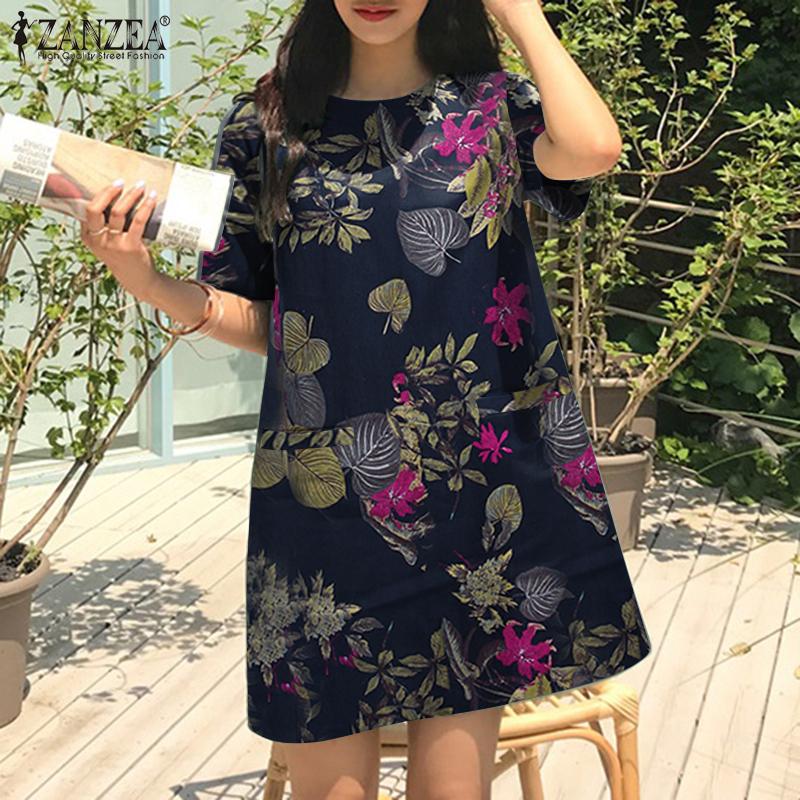 

ZANZEA Женское повседневное летнее платье с круглым вырезом и коротким рукавом с цветочным принтом