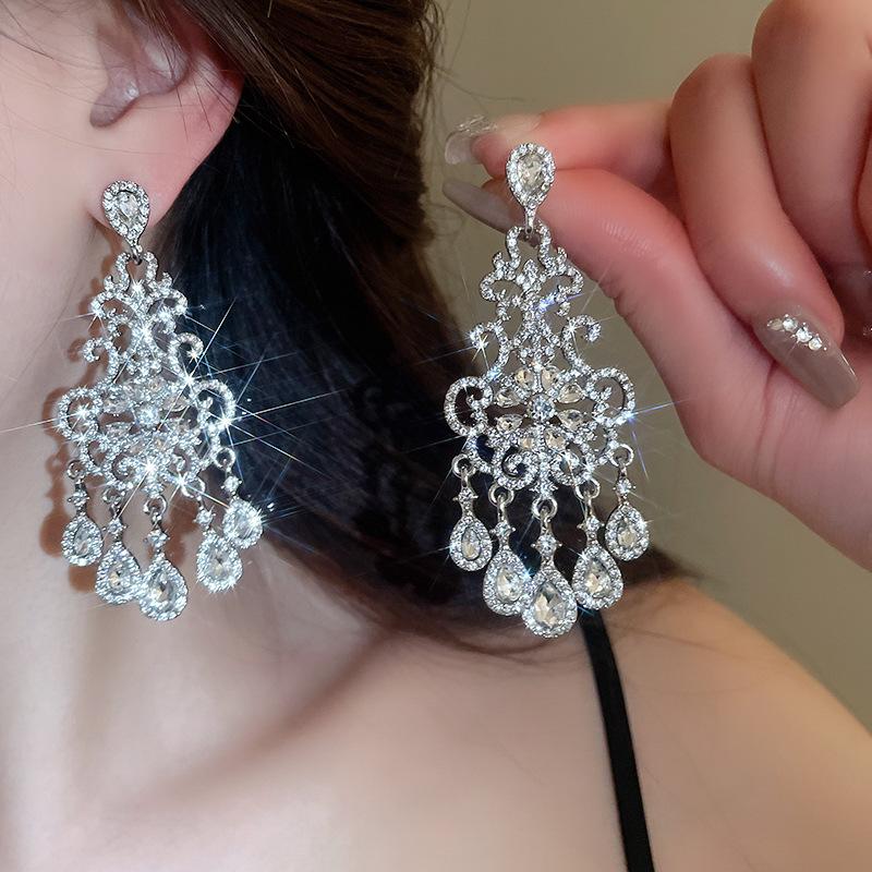 Diamond Inlaid Tassel Earrings - Silver Needle, High-End Court Style