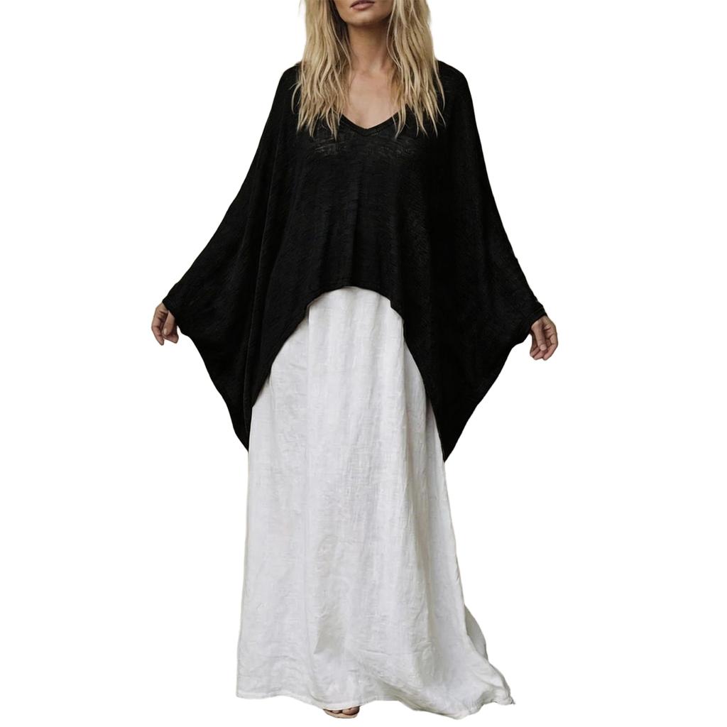 Women's Color V-Neck Long Sleeve Cape Top and Loose Fit Dress Two-Piece Set