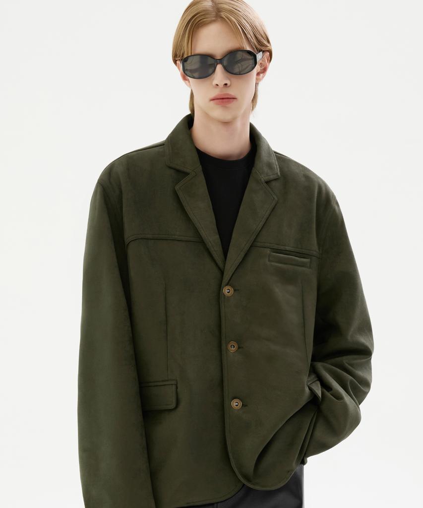 Trillion Suede Elbow Patch 3-Button Blazer Jacket [Khaki]