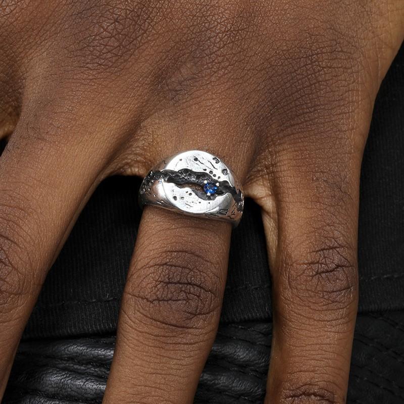 Adjustable Open Ring Men Women Vintage Hip Hop Geometric Crack Design Blue Sapphire Accent Plated