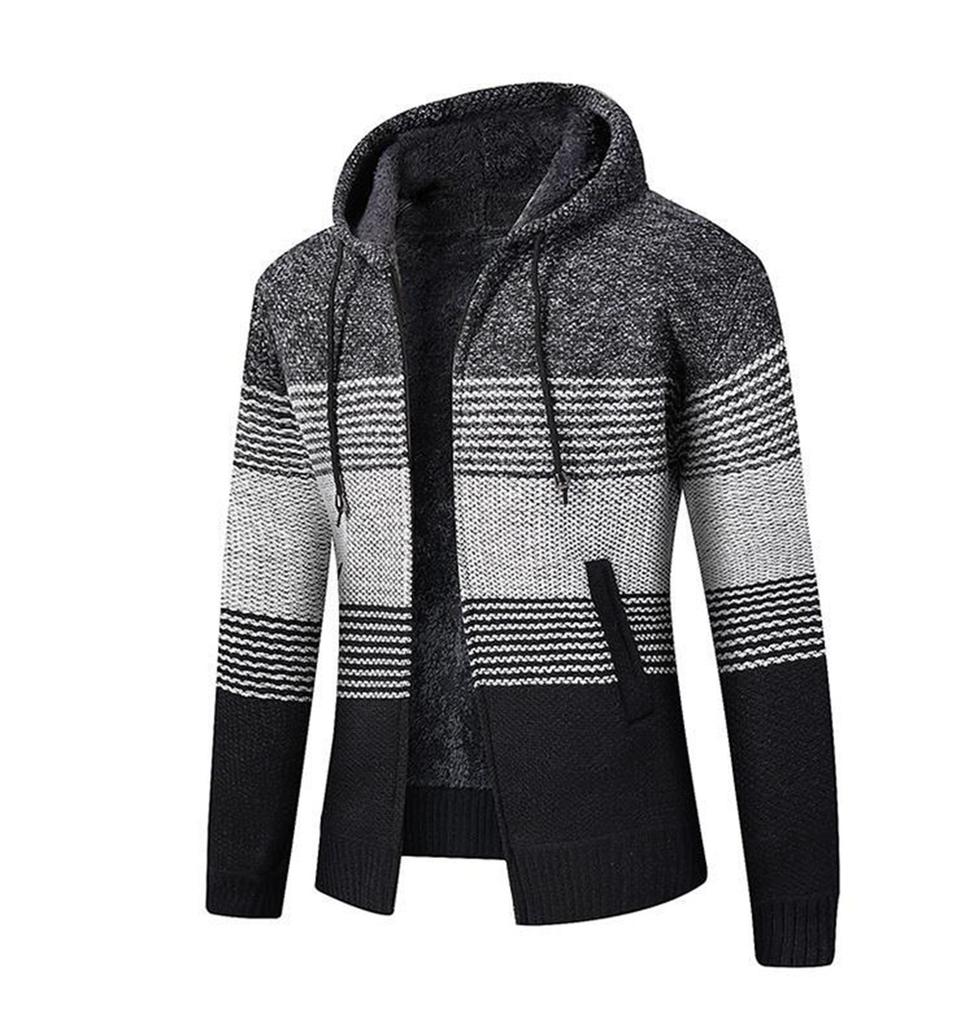 Men's Plush And Thick Color Matching Sweater Men's Clothing Jacket Hooded Cardigan