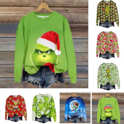 Módne pánske dámske tričko Vianočná potlač zeleného monštra O-výstrih pulóver top ležérna mikina detské tričká top s dlhým rukávom oblečenie