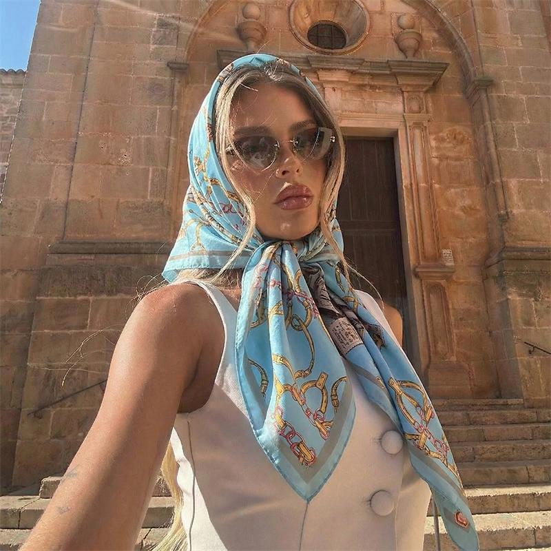 90Cm Satin Square Scarf Women Paisley Hijab Elegant Print Silk Neckerchief Shawl Wraps Headband Handle Hair Accessories Bandana