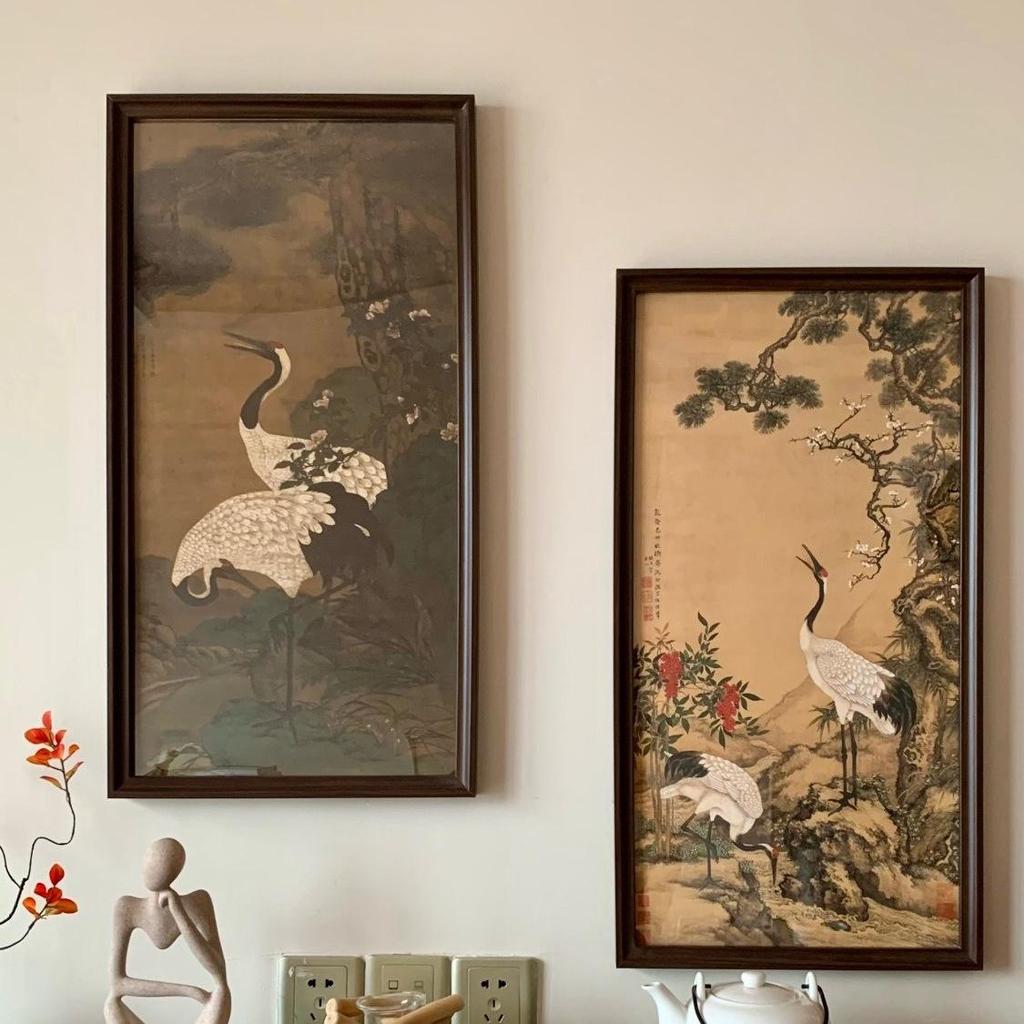 Chinese Pine & Crane Longevity Wall Art - Framed Replica for Living Room, Entrance, Tea Room, or Homestay
