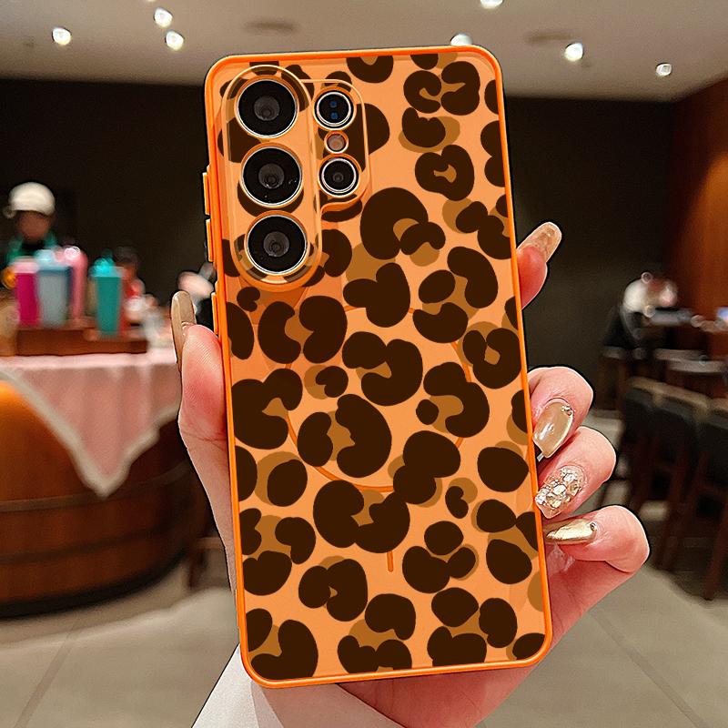 

Magnetic For Magsafe Case For Samsung Galaxy S26 Ultra S25 Edge S24 Plus S23 FE S22 A17 A54 A55 A56 A57 5G Leopard Print Phone Cover Samsung S25 FE помаранчевий
