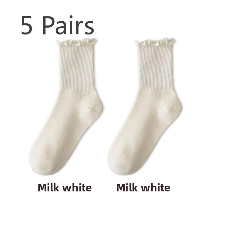 5 Pairs Wooden Ear Lace Jk Socks Women's Midtube Spring and Summer Pile Socks