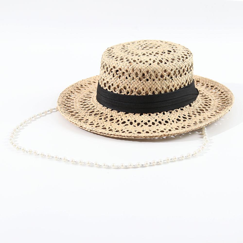 Pearl Chain Hats European and American Pearl Chain Straw Hats, Cattail Sun Hats, Handmade Hollow Sun Hats
