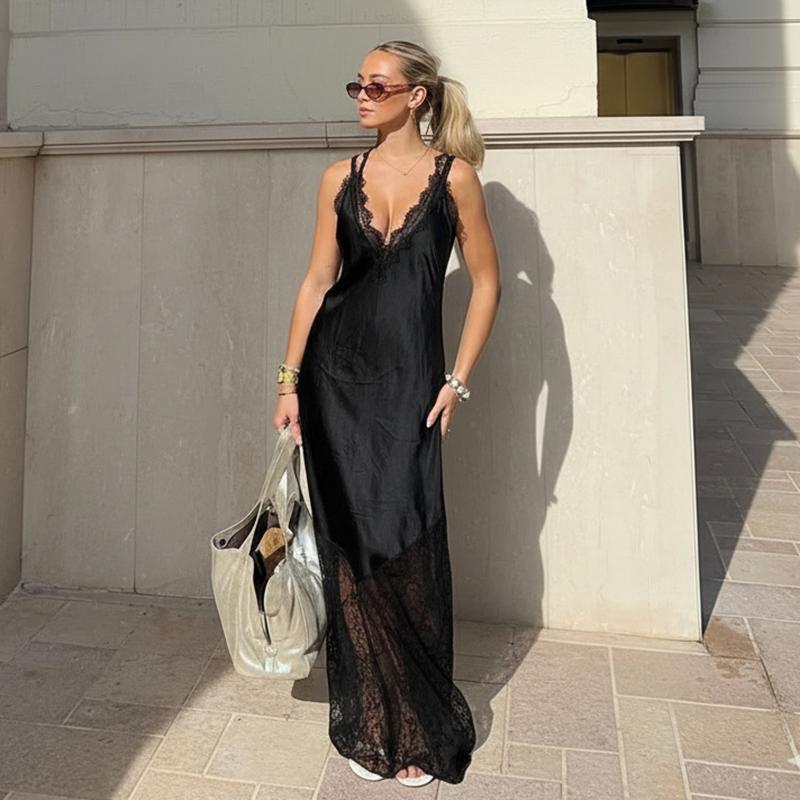 Elegante Spitze Lange Kleider Damen Satin V-Ausschnitt Spitze Patchwork Ärmellos Langes Kleid Locker Damen Abendkleider
