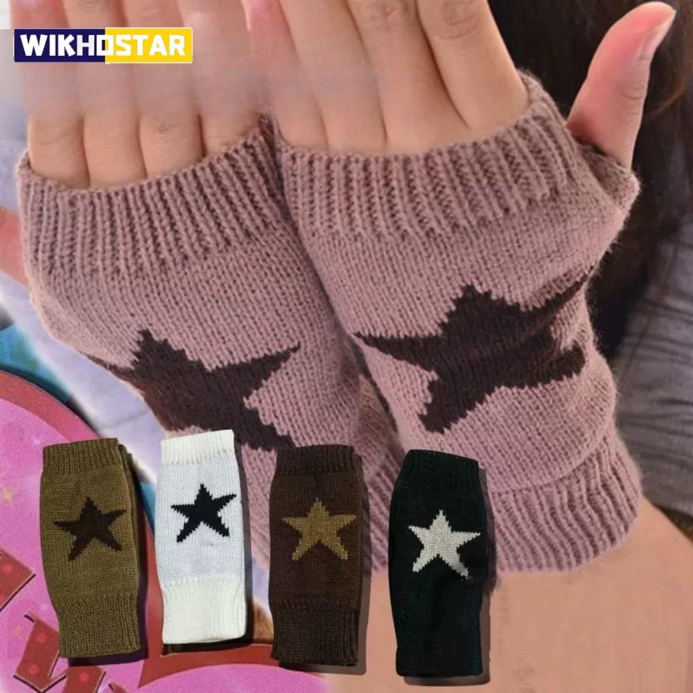 Knitted Gloves Half Finger Star Gloves Winter Warm Woolen Pentagram Soft Hand Fingerless Emo Gloves Preppy Mittens