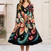 Women Plus Size V Neck Long Sleeve Black White Printed A Line Flared Dress With Belt