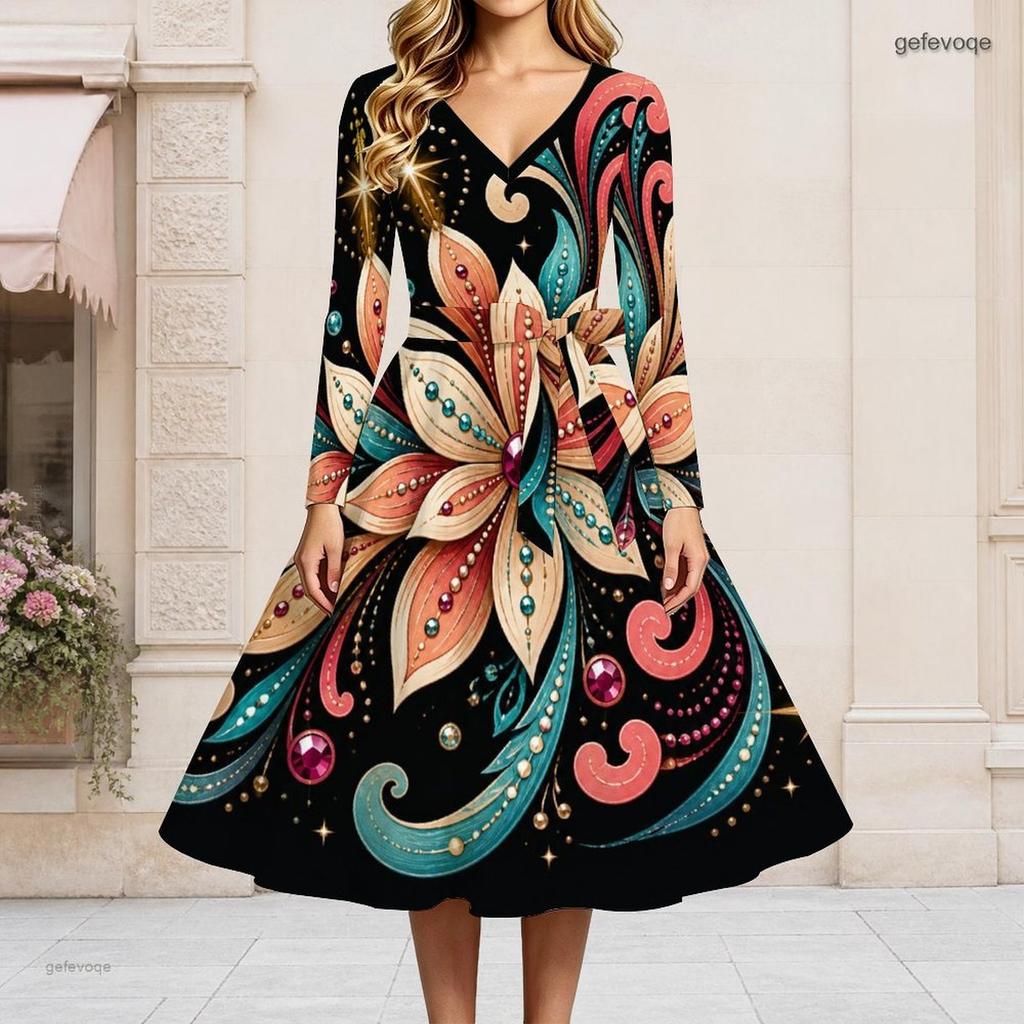 Women Plus Size V Neck Long Sleeve Black White Printed A Line Flared Dress With Belt