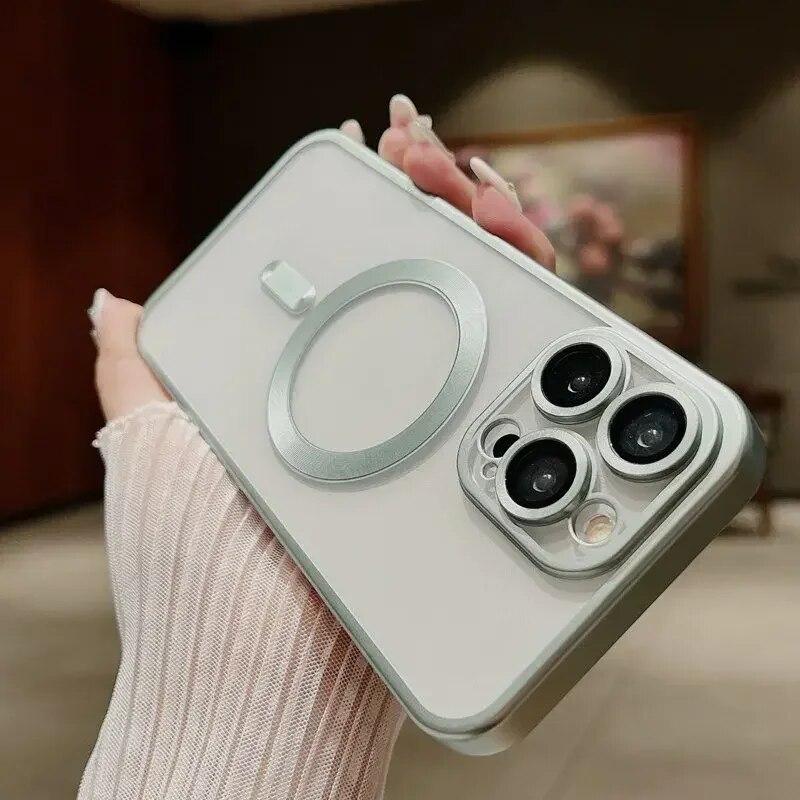 Luxury Matte Plating Frame Clear Case For IPhone 15 14 13 12 11 Pro Max Plus Magsafe Magnetic Wireless Charge Lens Protect Cover