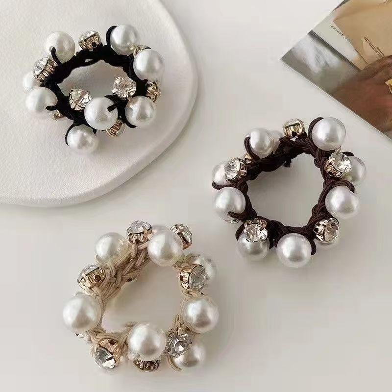3Pcs Pearl Brimmed Hair Tie Glitter Rhinestone Decor Hair Rope Retro Style Scrunchies for Women