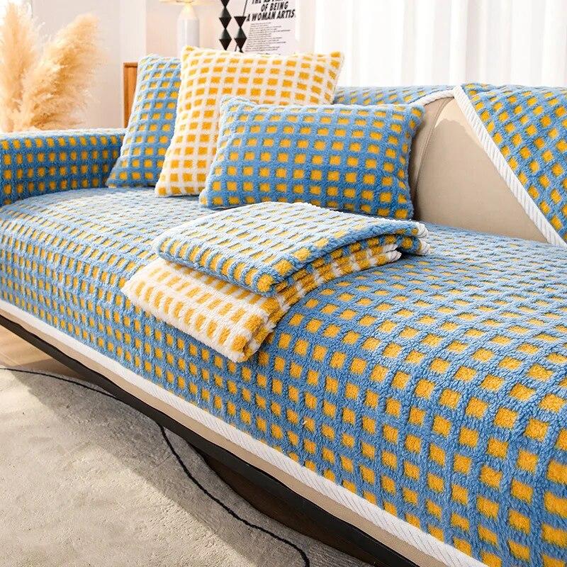 Short Plush Lattice Style Sofa Towel Thicken Quilted Sofa Cover Slip Resistant Couch Cover 1/2/3-seater Sofas for Living Room