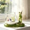 Artistic Resin Craft Frog Fishing Glass Fish Tank Ornament with Lotus Leaf Base, Hydroponic Charming Window Sill Decor Plant Propagation Station