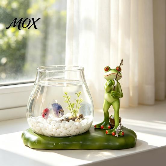 Artistic Resin Craft Frog Fishing Glass Fish Tank Ornament with Lotus Leaf Base, Hydroponic Charming Window Sill Decor Plant Propagation Station
