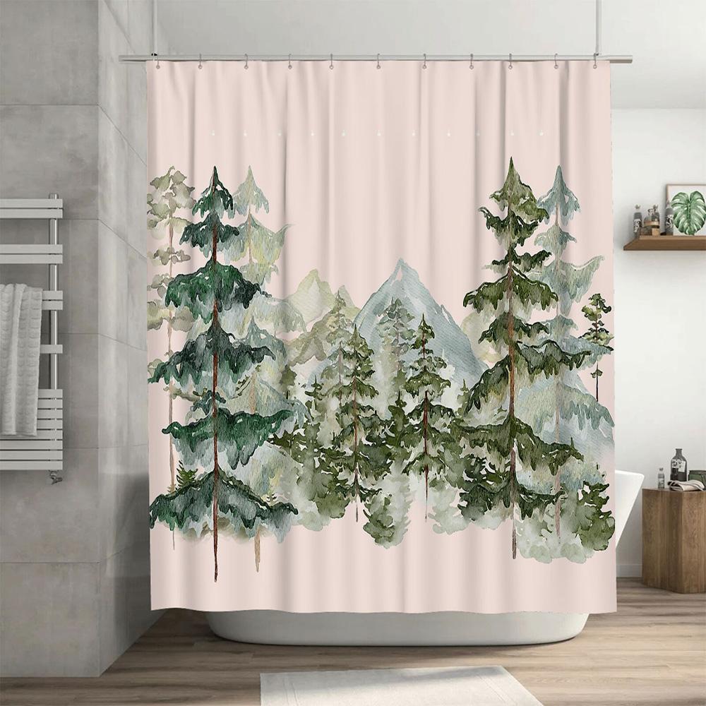Forest Landscape Shower Curtain Nature Trees Mountain Backdrop Scenic Bathroom Decor Rustic Woodland Shower Curtain Greenery Bac