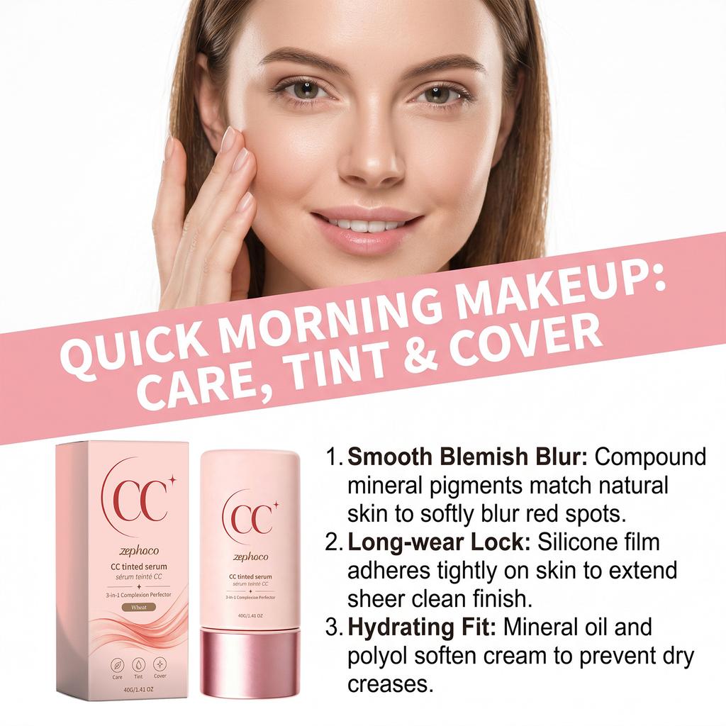 Zephoco CC Cream 3-in-1 with Sheer Tint, Moisturizing Daily Concealer & Primer for Flawless Skin SPF