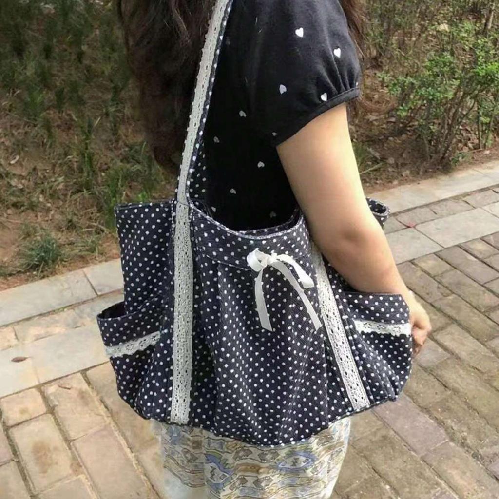 Bolso Tote de Gran Capacidad para Mujer Estilo Antiguo Coreano con Lunares Bolso de Lona Bolso de Hombro Versátil para Viajar