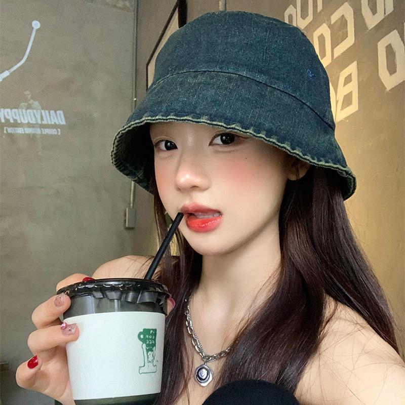 Retro and Old Washed Denim Versatile Bucket Hat Women's Summer Big Head Circumference Showing Face Small Sunshade Sunscreen Basin Hat