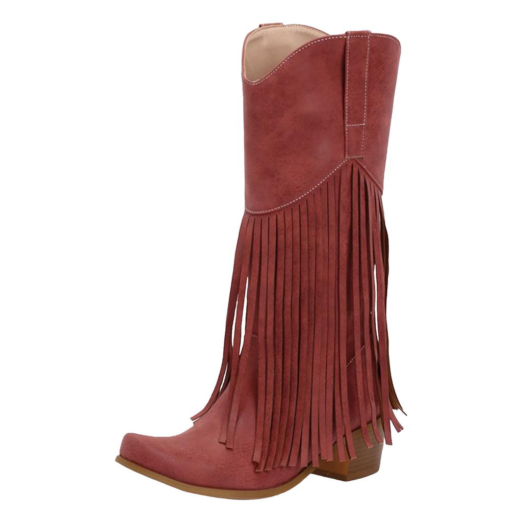 Stivali Alti da Donna con Frange e Tacco Spesso in Pelle a Punta Stivali da Cowboy alla Moda Casual Stivali con Tacco Alto da Donna Veri