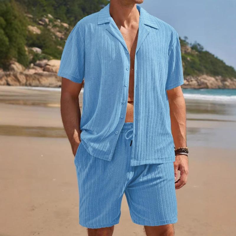 Herren Casual Unifarbenes Kurzarmhemd und Shorts Zweiteiliges Set