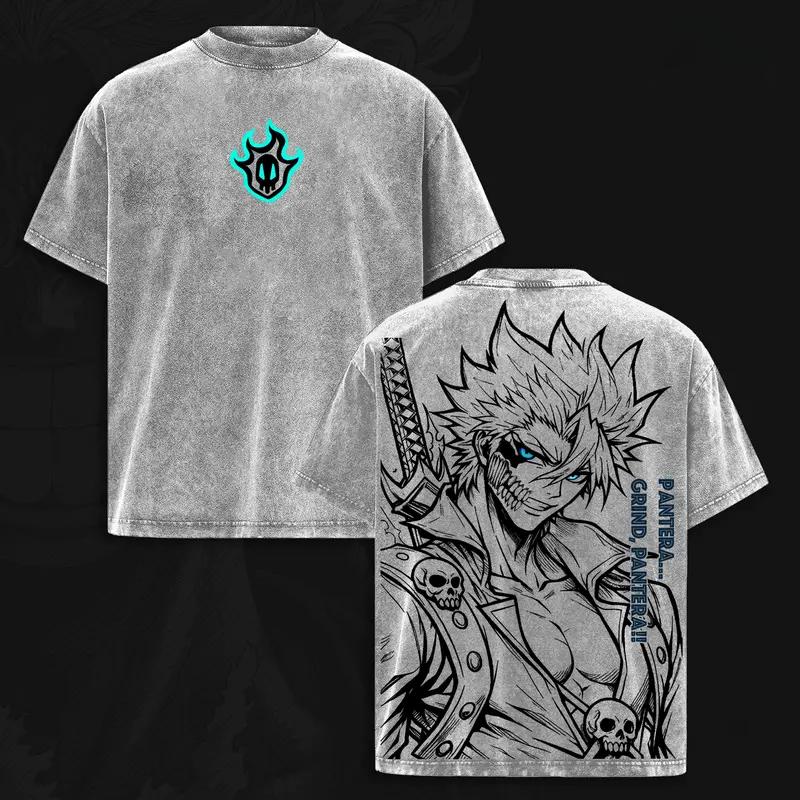 Manga BLEACH Grimmjow T-shirt Harajuku Vintage Washed Oversized T Shirt Men's Clothing Short Sleeve High Quality Cotton Tee Tops