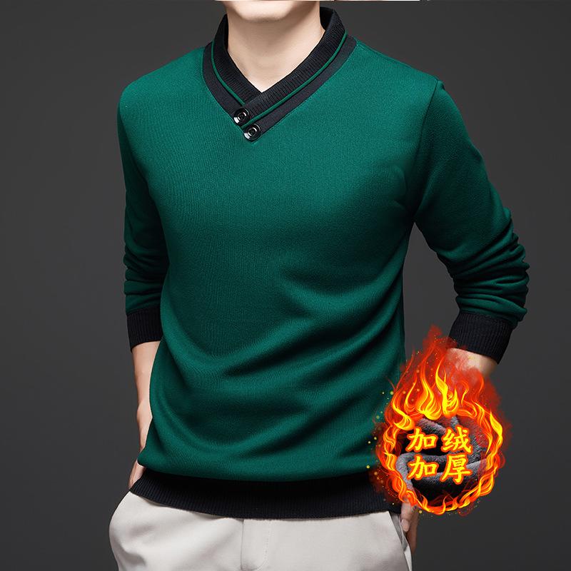 Men Fleece Lined Thickened Knit Autumn Winter New Long Sleeve Base Layer Scarf Collar Sweater Skin Friendly Versatile Top