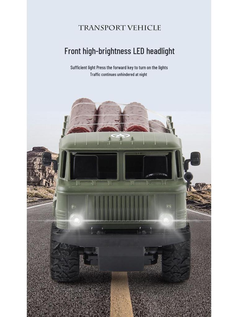 Four-Wheel Drive RC Military Transport Vehicle with USB Charging, LED Lights, and Climbing Rubber Tires